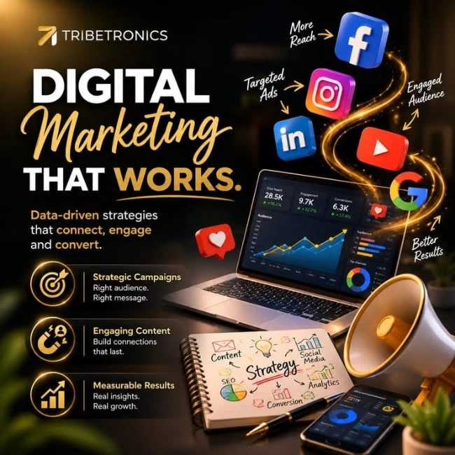 Digital marketing graphic featuring the text ‘Digital Marketing That Works,’ with social media icons, a laptop, analytics graphics, and marketing tools.