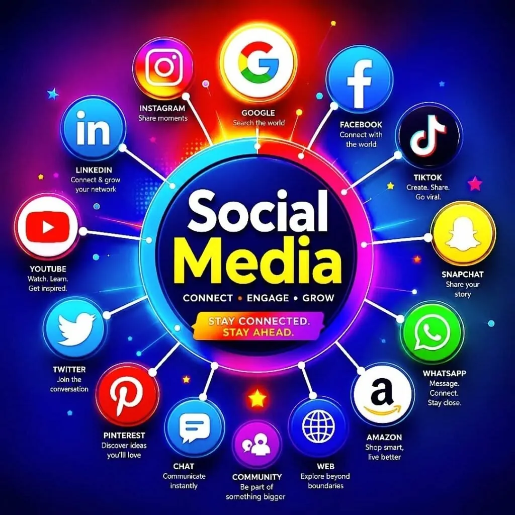 “Social media marketing graphic with the words Social Media’ in the center, surrounded by icons for popular social media and digital platforms.
