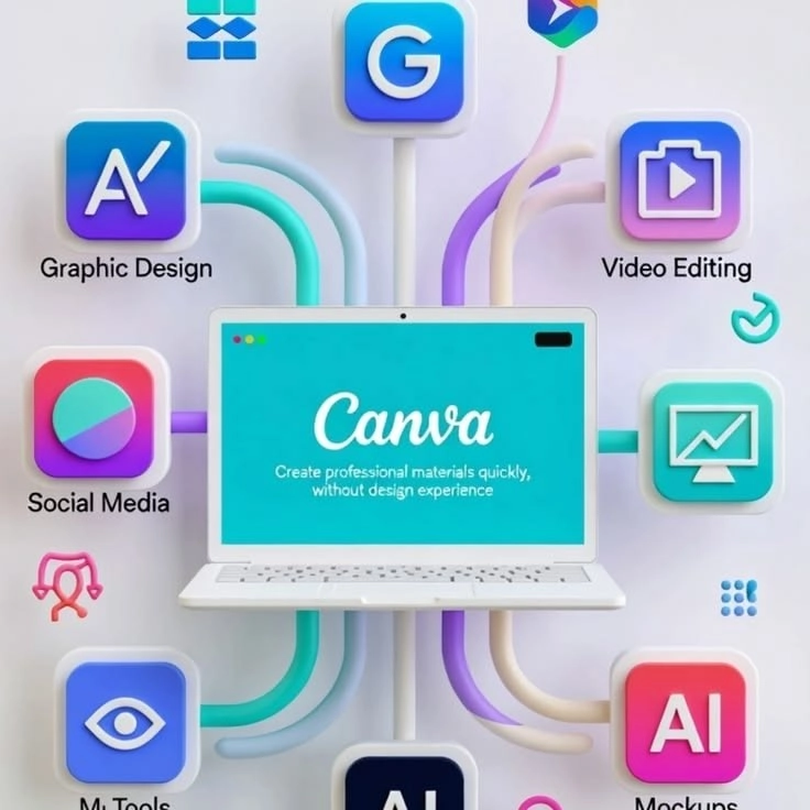 Canva logo displayed at the center, surrounded by icons for SEO, video editing, graphic design, AI, and other digital marketing tools.