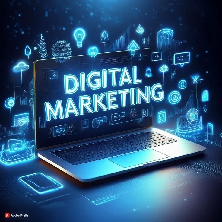 Laptop displaying the words ‘Digital Marketing’ with glowing blue digital technology icons in the background.