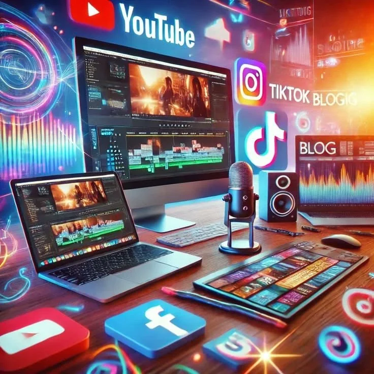 Social media marketing workspace with laptop, smartphone, YouTube, Instagram, TikTok and other social media platforms displayed on screens.
