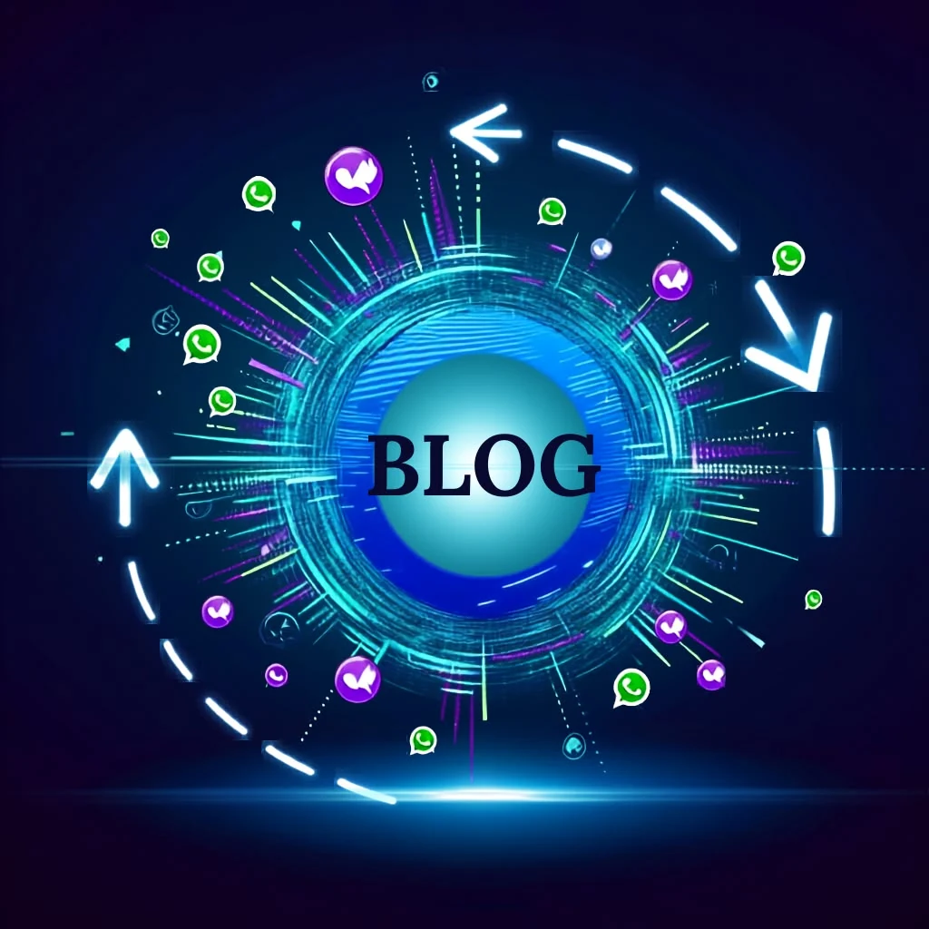 Digital illustration with the word ‘BLOG’ in the center, surrounded by glowing blue technology graphics, colorful icons, and circular arrows.