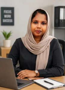 Professional female digital marketer wearing a light gray hijab and black outfit, sitting at a desk with a laptop and smartphone in a modern office.